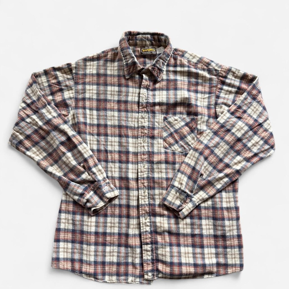 Vintage 70s Sears Perma-Prest white, brown & blue plaid flannel shirt, 2XL tall